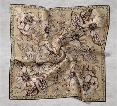 Twill İpek Eşarp Büyük Çiçek Gold 90x90