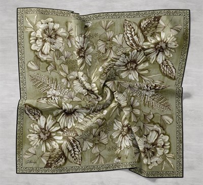 Twill İpek Eşarp Büyük Çiçek Çimen Yeşili 90x90