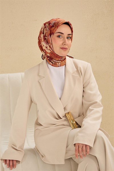 Twill İpek Eşarp Büyük Çiçek Somon 90x90