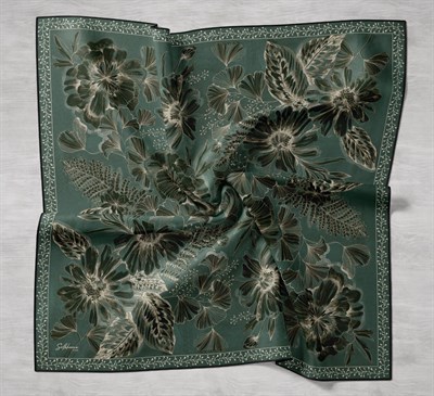 Twill İpek Eşarp Büyük Çiçek Zümrüt 90x90