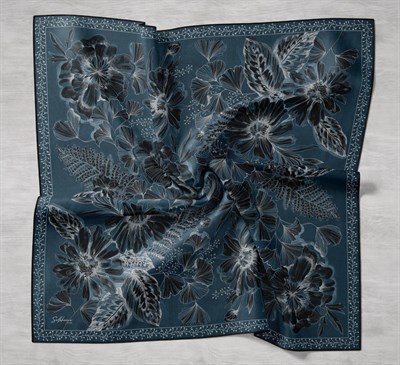 Twill İpek Eşarp Büyük Çiçek Petrol Mavi 90x90