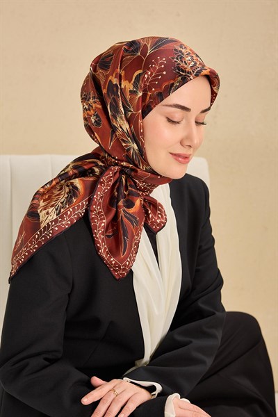 Twill İpek Eşarp Büyük Çiçek Kiremit Bordo 90x90