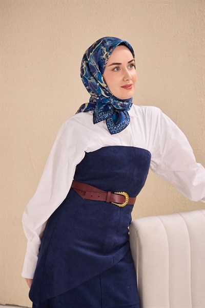 Twill İpek Eşarp Büyük Çiçek Saks 90x90