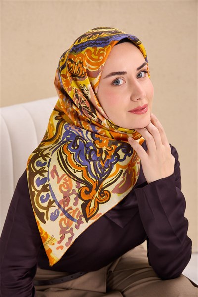 Twill İpek Eşarp Art Desen Turuncu 90x90