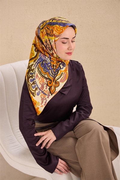 Twill İpek Eşarp Art Desen Turuncu 90x90
