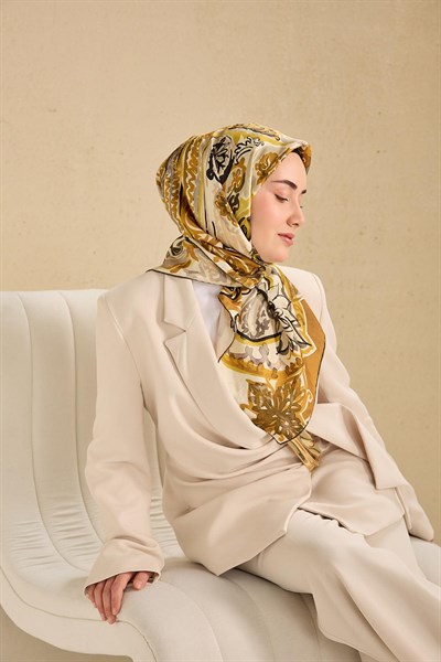 Twill İpek Eşarp Art Desen Krem 90x90