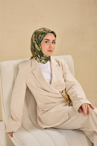 Twill İpek Eşarp Art Desen Koyu Yeşil 90x90