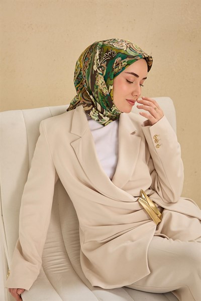 Twill İpek Eşarp Art Desen Koyu Yeşil 90x90