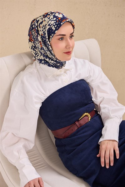 Twill İpek Eşarp Samanyolu Lacivert Turuncu 90x90