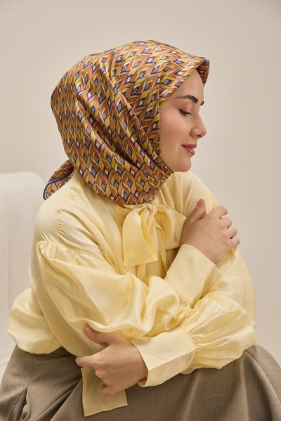 Twill İpek Eşarp Yaprak Ritmi Taba Sarı 90x90