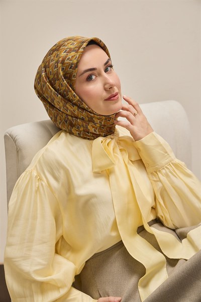 Twill İpek Eşarp Yaprak Ritmi Taba 90x90