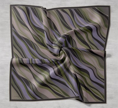 Twill İpek Eşarp Kıvrımlı Şerit Yeşil Bej 90x90