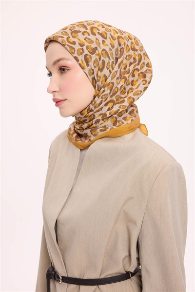 Viskon Velora Eşarp Dört Mevsim Leopar Desen Hardal 90X90