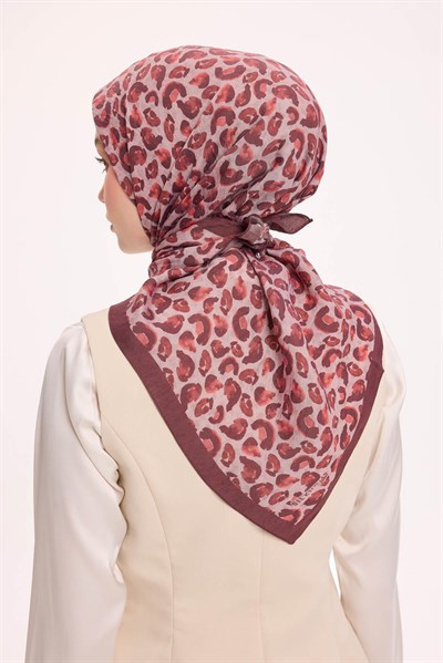 Viskon Velora Eşarp Dört Mevsim Leopar Desen Koyu Gül Kurusu 90X90