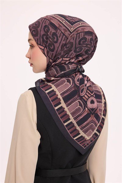 Viskon Velora Eşarp Dört Mevsim Antik Motif Desen Koyu Mor 90X90