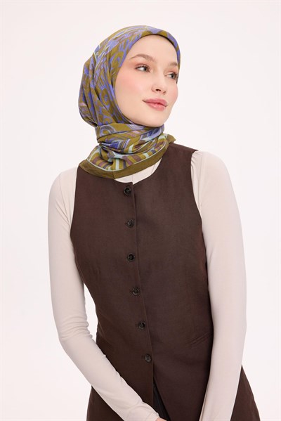 Viskon Velora Eşarp Dört Mevsim Antik Motif Desen Yağ Yeşili 90X90