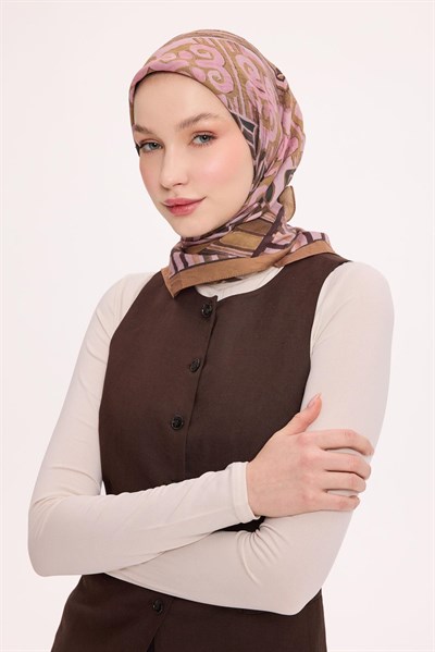 Viskon Velora Eşarp Dört Mevsim Antik Motif Desen Toz Pembe 90X90
