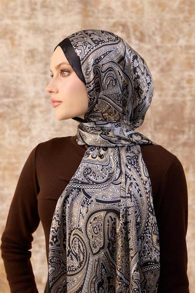 Siyah Ekru Hint Vual Şal -  5003-14