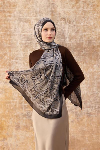 Siyah Ekru Hint Vual Şal -  5003-14