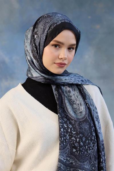 Siyah Gri Hint Vual Şal -  5002-10