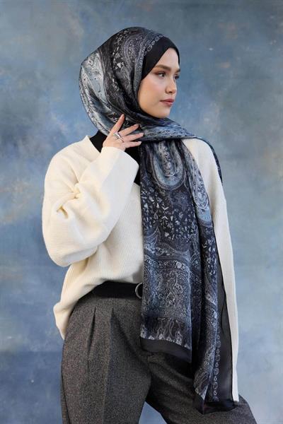 Siyah Gri Hint Vual Şal -  5002-10