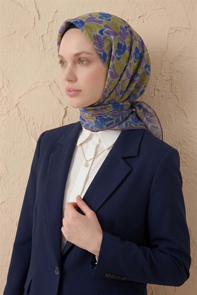Soft Eşarp Floral Line Mavi Mor 90x90