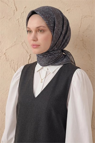 Soft Eşarp Lina Flora Siyah Gri 90x90