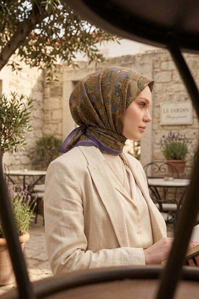 Soft Eşarp Melodi Desen Olive 90x90
