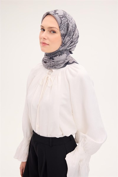 Tencel Monare Eşarp Şal Desen Açık Gri 90x90