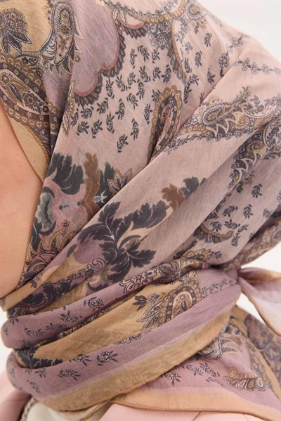 Tencel Monare Eşarp Şal Desen Soluk Lila 90x90