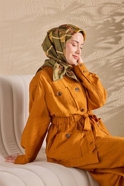 Twill İpek Detailed Belt Eşarp Koyu Yeşil 90x90