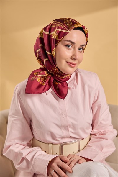 Twill İpek Detailed Belt Eşarp Vişne Çürüğü 90x90