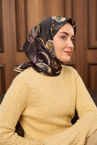 Twill İpek Eşarp Antrasit-Haki Desenli Tok Duruşlu 90X90