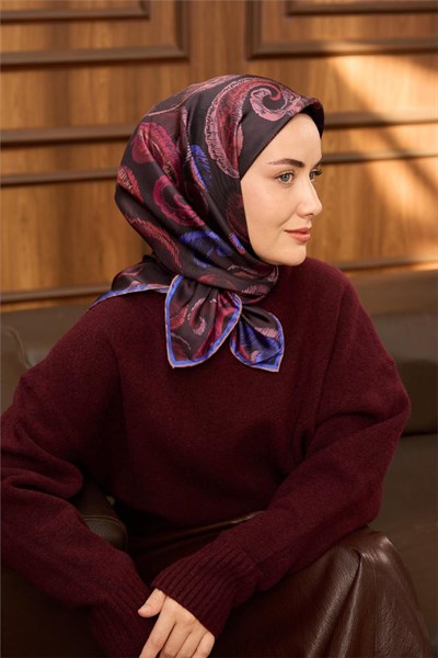 Twill İpek Eşarp Bordo–Saks Desenli Tok Duruşlu 90X90