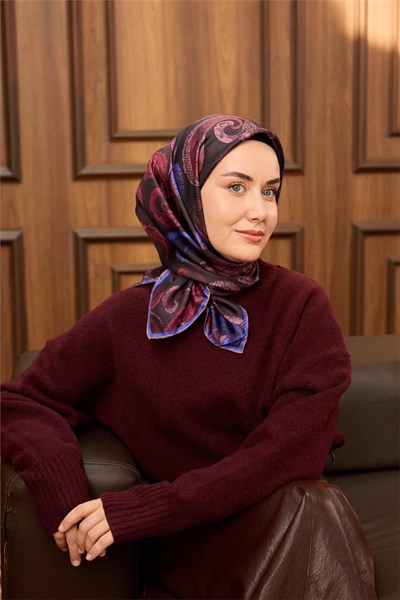 Twill İpek Eşarp Bordo–Saks Desenli Tok Duruşlu 90X90