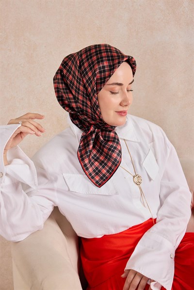 Twill İpek Eşarp Ekose Kırmızı