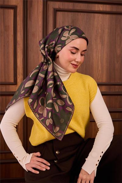Twill İpek Eşarp Erguvan Yeşil Vizon Papatya Desenli Tok Duruşlu 90x90