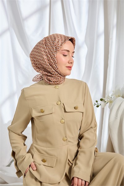 Twill İpek Eşarp Geometric Pattern Sütlü Kahve