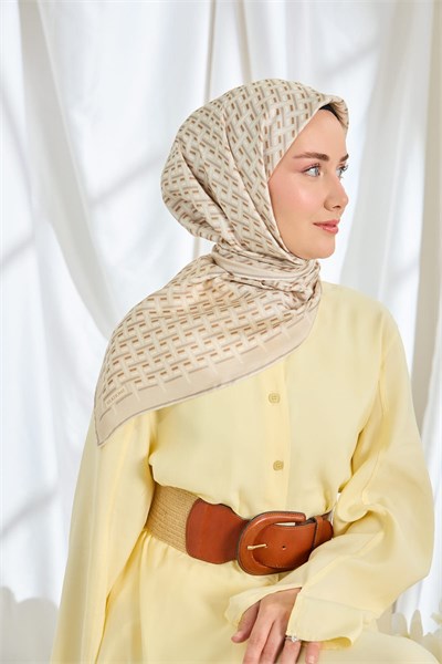 Twill İpek Eşarp Geometrik Krem