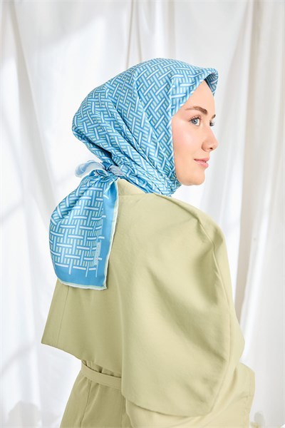 Twill İpek Eşarp Geometrik Mavi