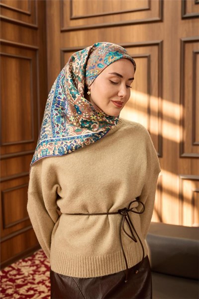 Twill İpek Eşarp Gül Kurusu-Mavi Desenli Kaymaz Tok Duruşlu 90X90