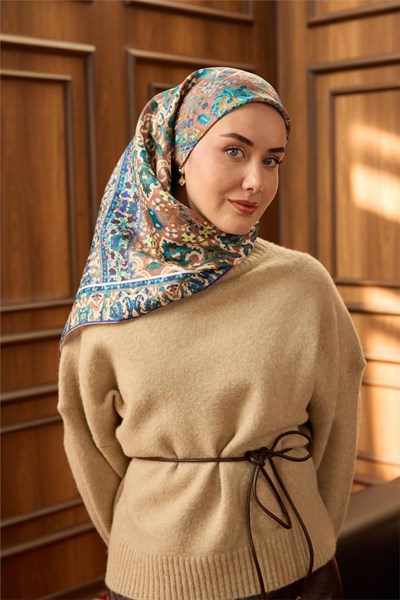 Twill İpek Eşarp Gül Kurusu-Mavi Desenli Kaymaz Tok Duruşlu 90X90