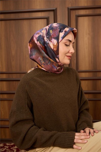 Twill İpek Eşarp Hardal-Bakır Kahve Desenli Tok Duruşlu 90X90