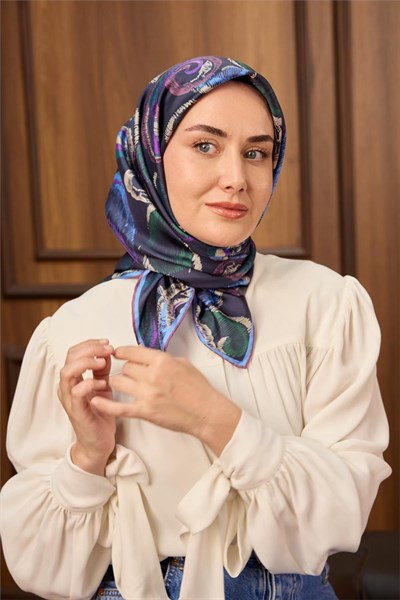 Twill İpek Eşarp Koyu Lacivert-Gök Mavi Desenli Tok Duruşlu 90X90