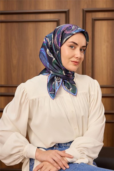 Twill İpek Eşarp Koyu Lacivert-Gök Mavi Desenli Tok Duruşlu 90X90