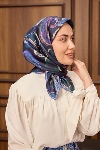 Twill İpek Eşarp Koyu Lacivert-Gök Mavi Desenli Tok Duruşlu 90X90