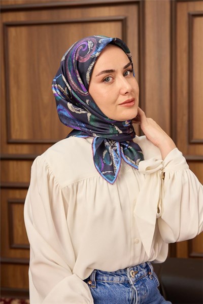 Twill İpek Eşarp Koyu Lacivert-Gök Mavi Desenli Tok Duruşlu 90X90