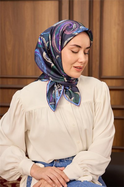 Twill İpek Eşarp Koyu Lacivert-Gök Mavi Desenli Tok Duruşlu 90X90