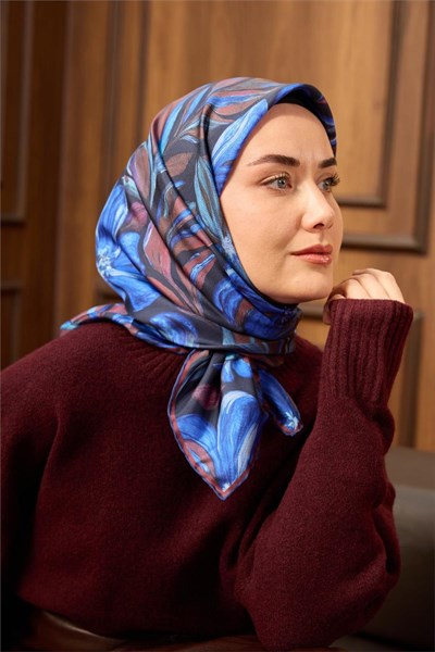 Twill İpek Eşarp Koyu Lacivert-Saks Mavi Desenli Tok Duruşlu 90X90