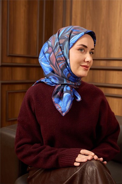 Twill İpek Eşarp Koyu Lacivert-Saks Mavi Desenli Tok Duruşlu 90X90